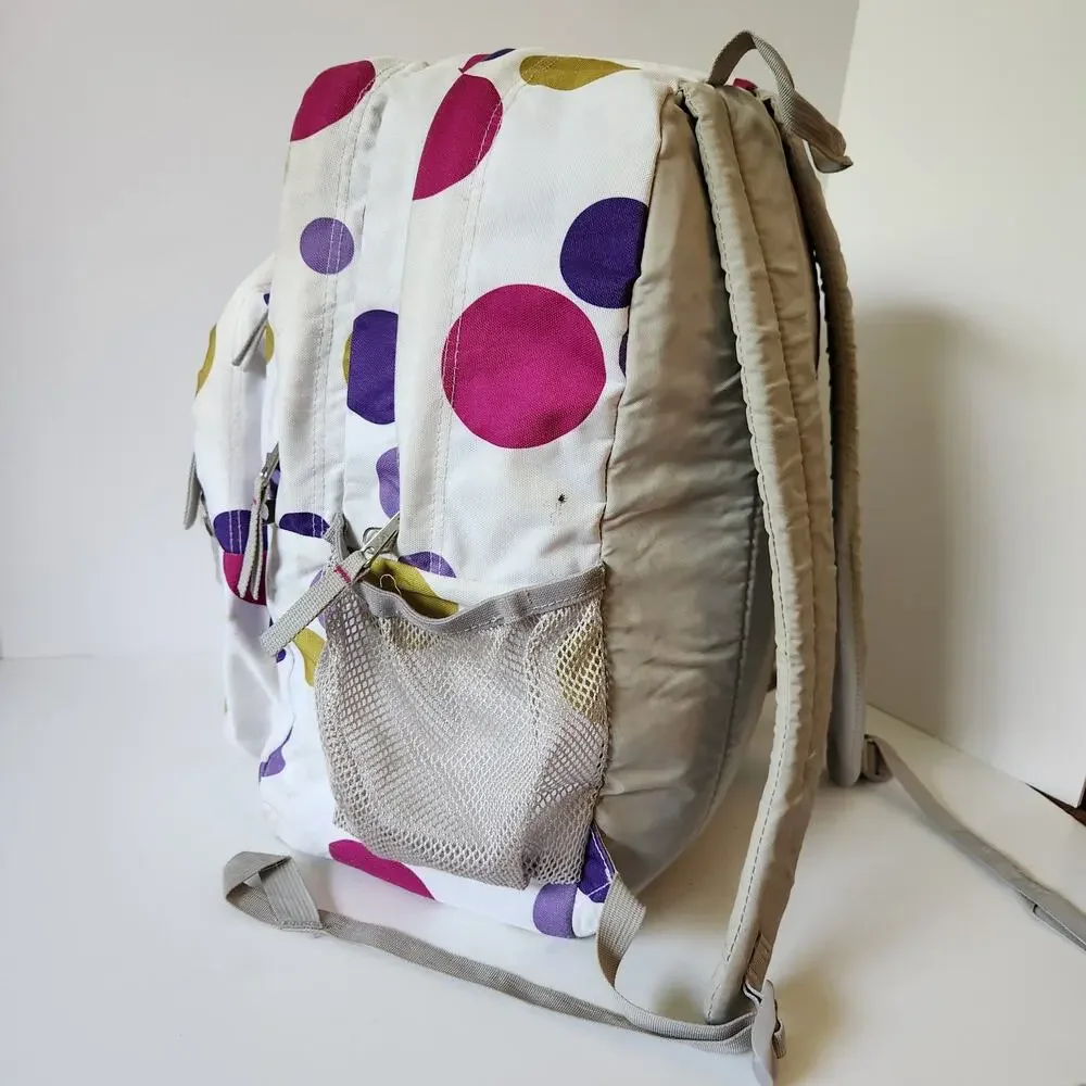 Y2K Jansport White Polka Dot Backpack Pink Purple Gold School Book Bag Large